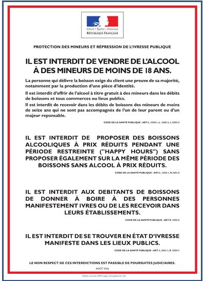 Modèle d'affichage obligatoire sur la réglementation de l'ivresse publique et la protection des mineurs